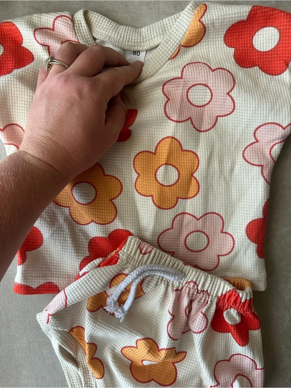 Kids Floral Waffle Tee & Shorts Set - Cream with Red & Orange Flowers